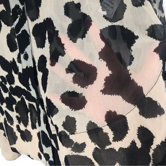 TopShop Tan Black Animal Print Semi Sheer Long Sleeve Button Up Tunic Blouse - Picture 13 of 16